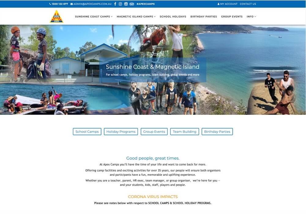 Action Communications digital marketing services for Apex Camps on the Sunshine Coast included branding strategy and website upgrades.